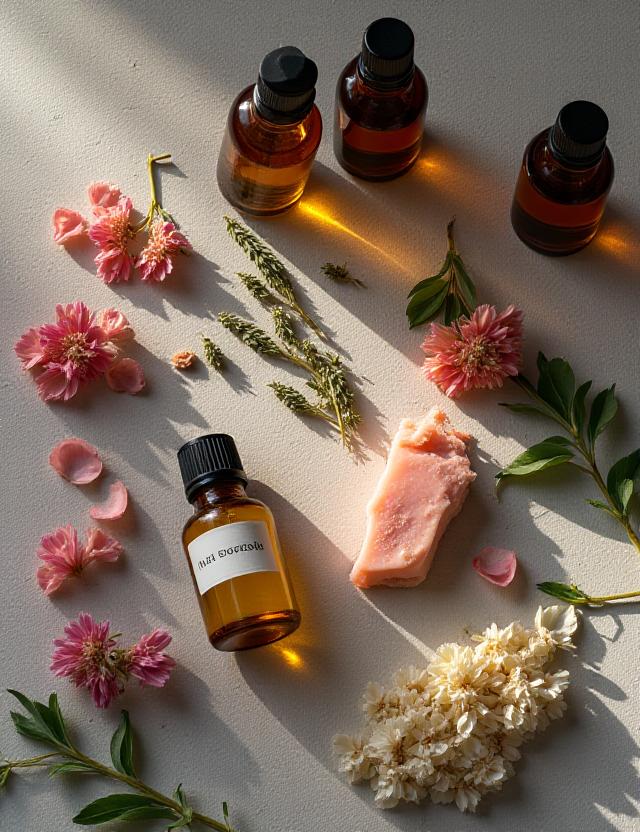 Selezione di fiori e oli naturali su un tavolo di legno